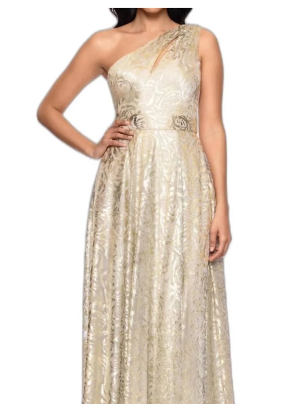 Betsy & Adam One-Shoulder Wrap Foil Floral Gown